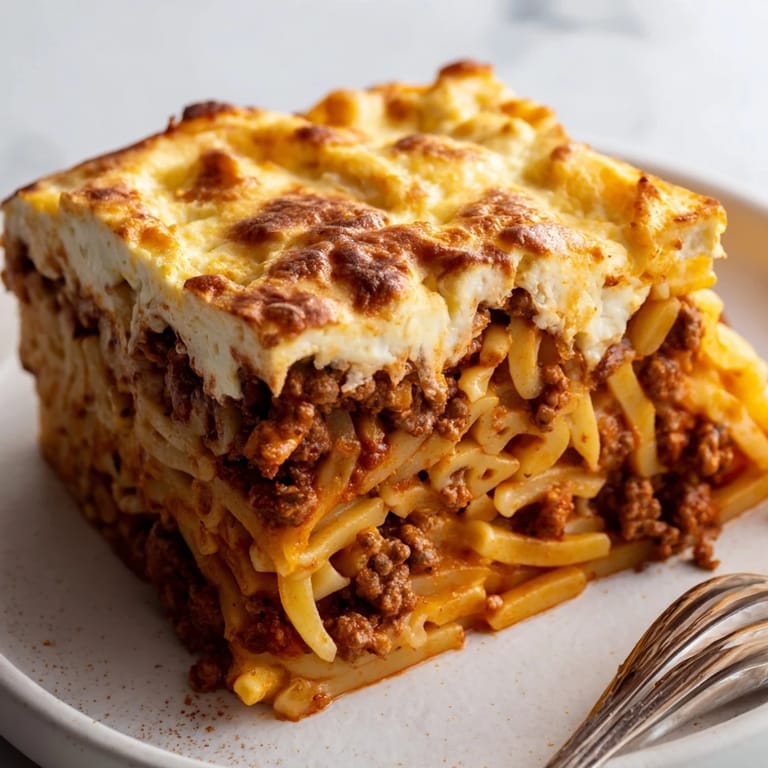 Hearty Greek Pastitsio showcasing pasta, spiced beef, and rich cheese topping.