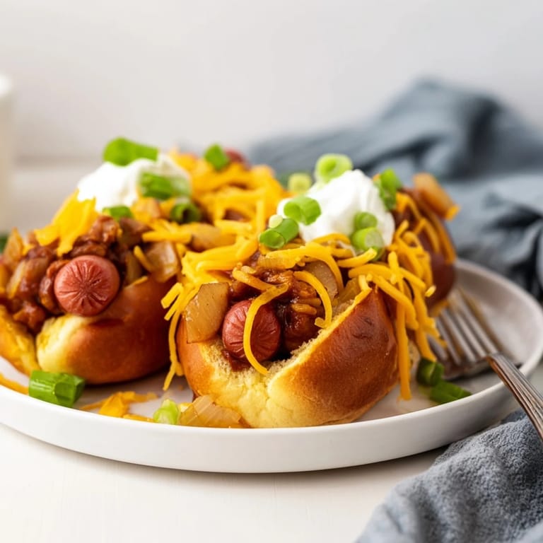 Warm, comforting Chili Dog Casserole garnished with sour cream for a flavorful twist.