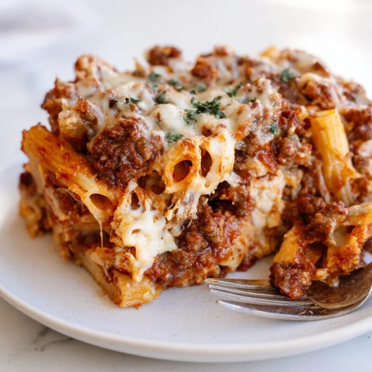 Delicious Baked Ziti with Meat Sauce layered with rich flavors and gooey cheese goodness.  