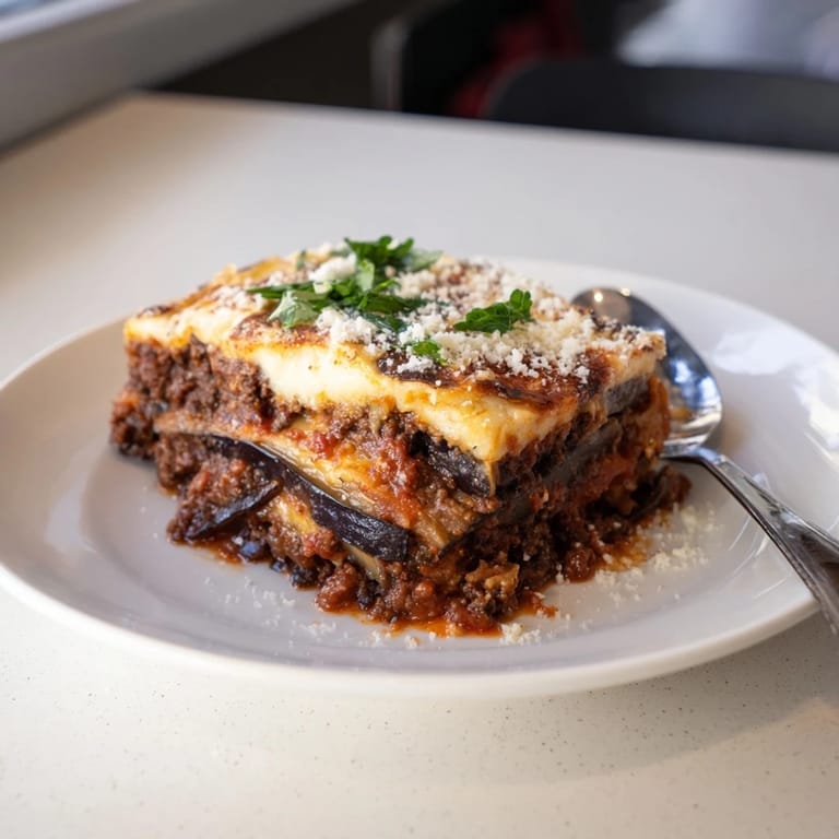 Delicious Moussaka baked until bubbly, showcasing layers of meat and eggplant.
