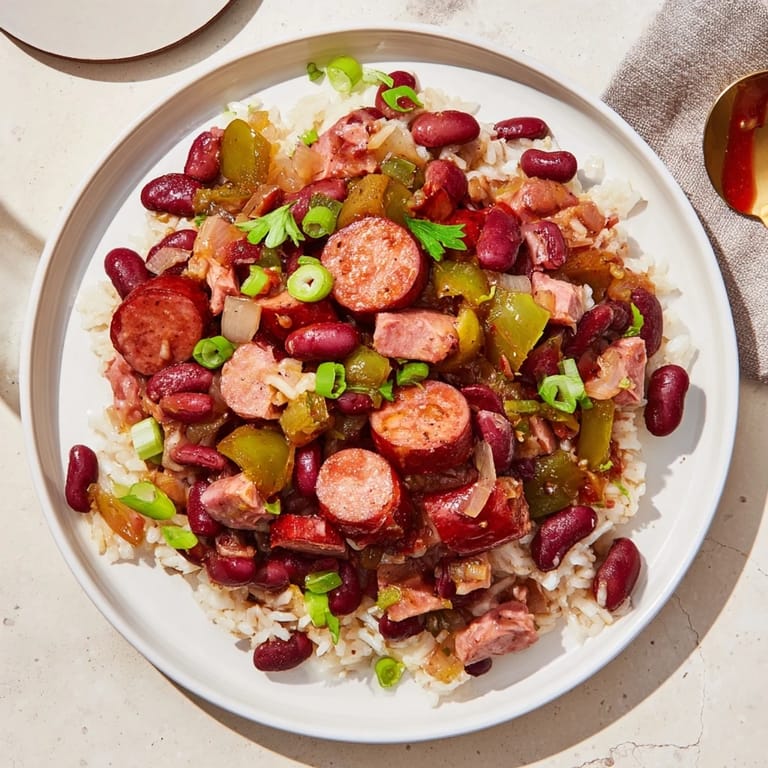 Deliciously spiced Red Beans & Rice served hot with fresh parsley and green onions.  