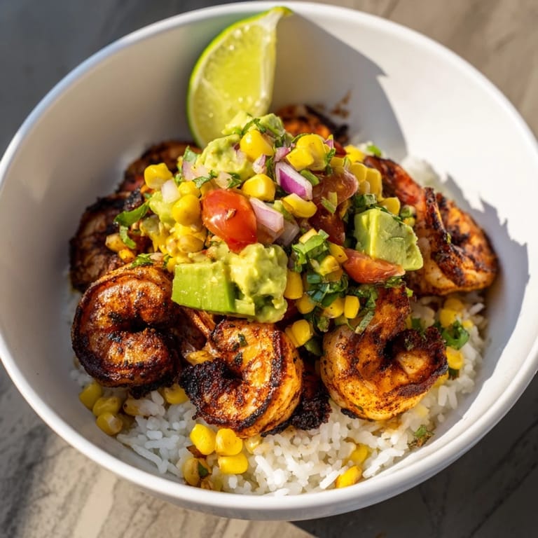 A colorful Blackened Shrimp Bowl showcases spicy shrimp alongside creamy avocado corn salsa, ready to enjoy.