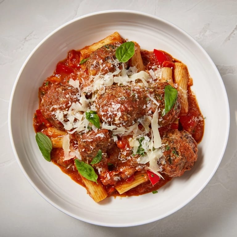 Italian Meatball Pasta Skillet: a delicious, one-pan meal with bubbly cheese and fresh basil garnish.