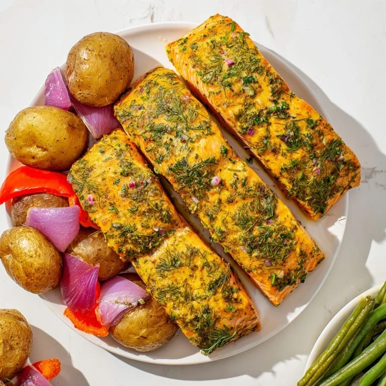 Close-up of baked Lemon Herb Salmon and potatoes, showcasing vibrant colors and fresh herb garnish.