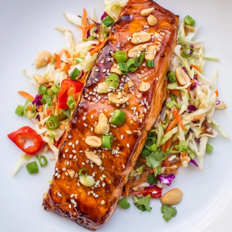 Freshly grilled teriyaki salmon with a sticky glaze, served with light and flavorful Asian slaw.