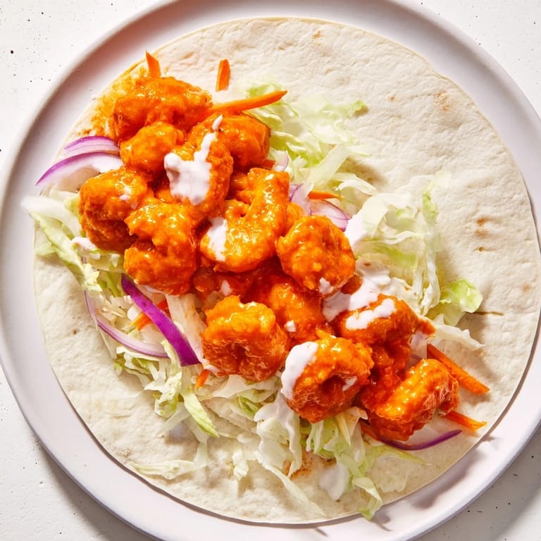 Spicy and delicious, perfectly prepared Buffalo Shrimp Wraps with a ranch dressing drizzle, ready to eat.