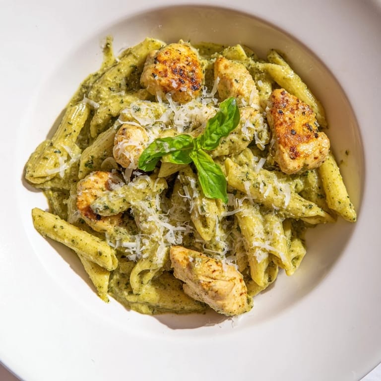Enjoy a forkful of this Creamy Pesto Penne & Chicken, with fresh basil and Parmesan sprinkled on top.