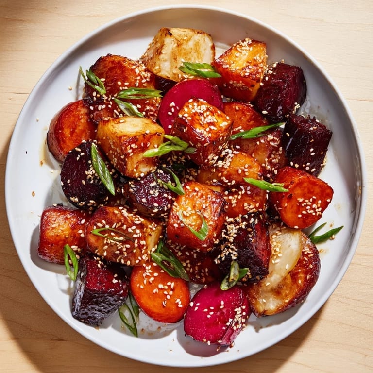 Vibrant image of Miso Roasted Winter Vegetables, showcasing the colorful, glazed vegetables ready to serve warm.
