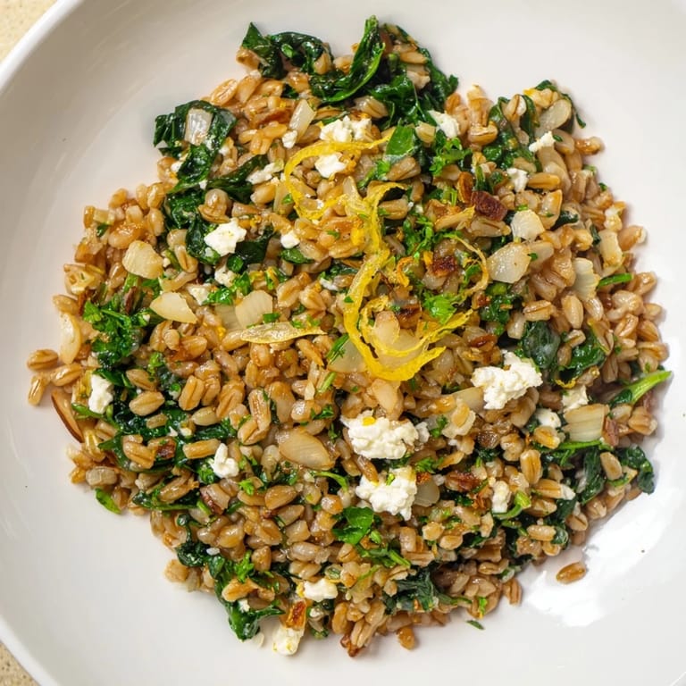 Savory Warm Farro & Greens Pilaf with fresh parsley, ready as a light lunch or dinner.