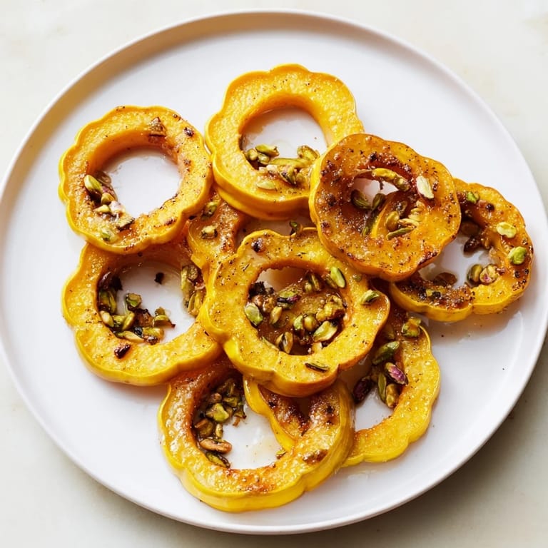 Perfectly roasted delicata squash rings, a sweet and savory vegetarian dish with chopped pistachios.