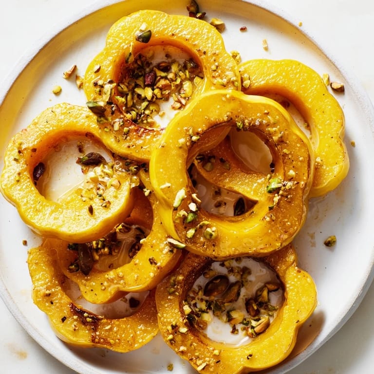 Warm, flavorful baked delicata squash rings, an easy side dish topped with crunchy pistachios and parsley.