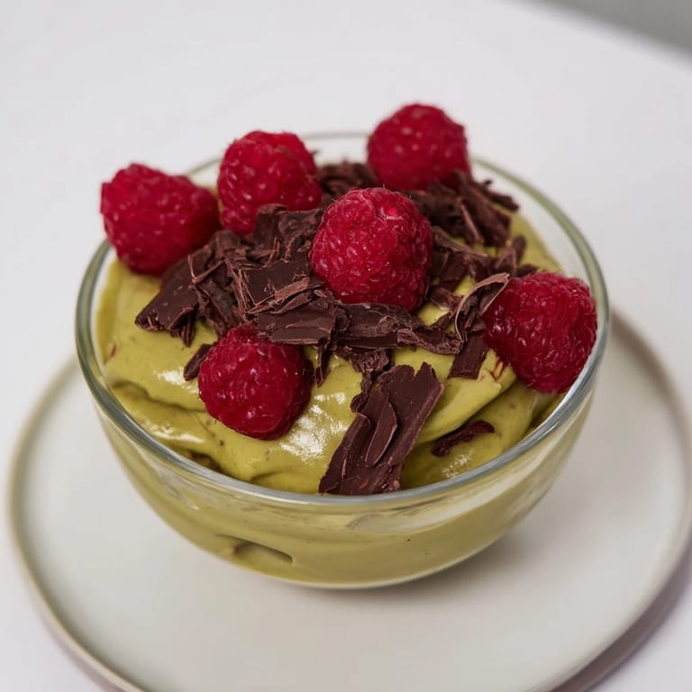 A close-up of creamy avocado chocolate mousse with a swirl of rich cocoa and vibrant red raspberries.