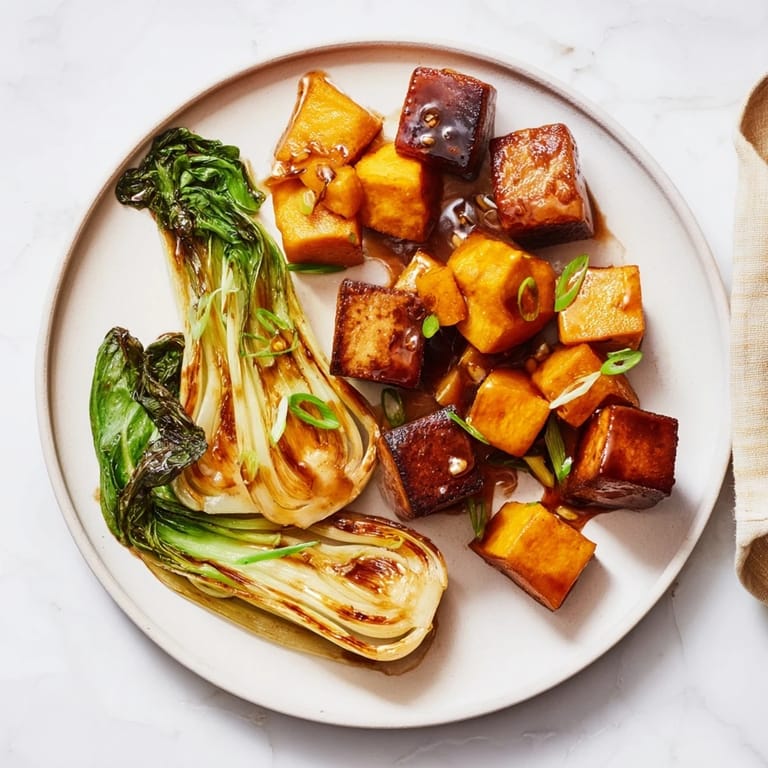 A colorful plate with miso-glazed tofu, squash, and bok choy, drizzled with glaze.