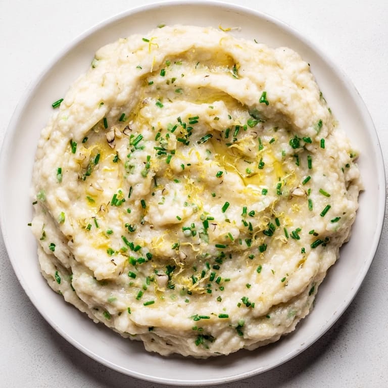 Fluffy cauliflower mash, seasoned with herbs and lemon – a lighter, healthier alternative.
