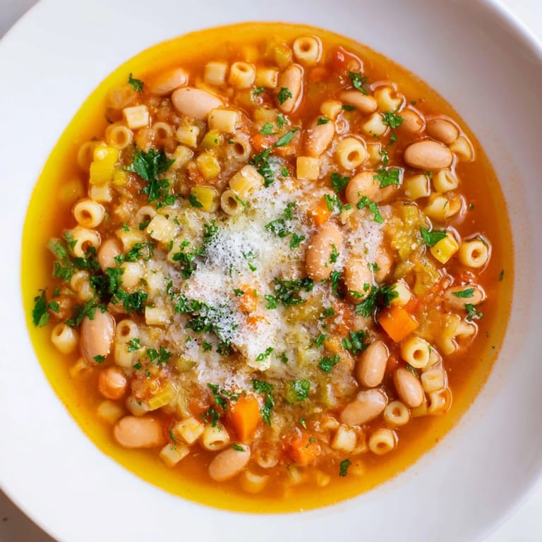 A comforting view of homemade Pasta e Fagioli Soup, with visible pasta and beans in a rich tomato broth.