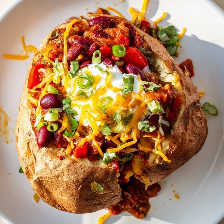 A close-up of Chili-Style Baked Potatoes showcases a fluffy potato, chili topping, and fresh cilantro garnish.