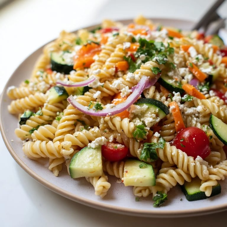 This vibrant pasta salad, dressed in a light vinaigrette, highlights the seasonal veggie flavors perfectly.