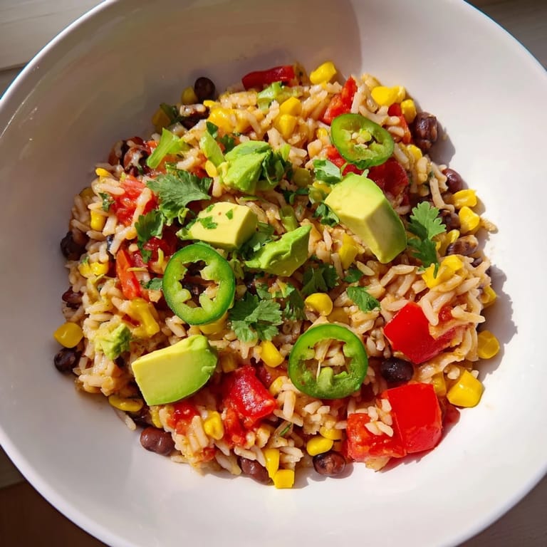 Warm, hearty serving of one-pot Mexican rice and beans, perfect for a quick, satisfying vegetarian meal.