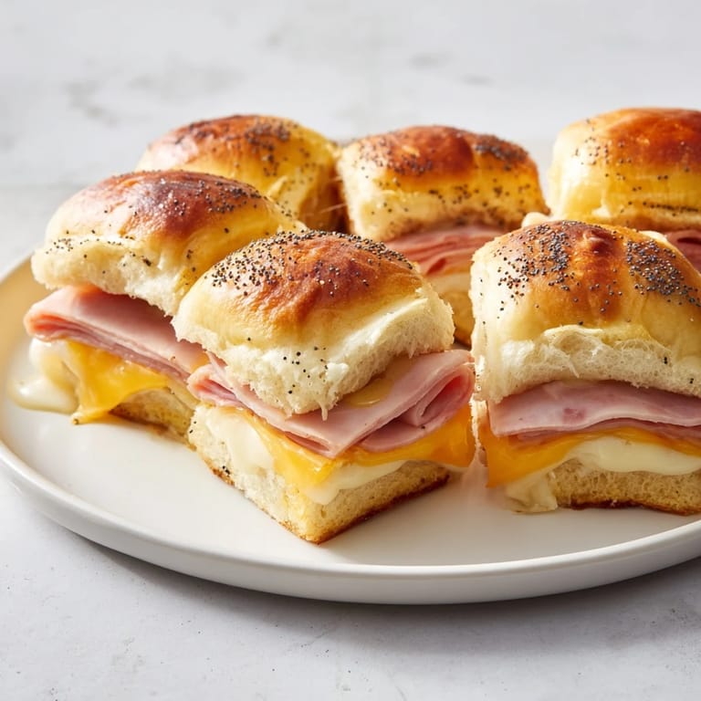 A close-up of delicious Baked Ham and Cheese Party Sliders, steaming and ready to share with friends.