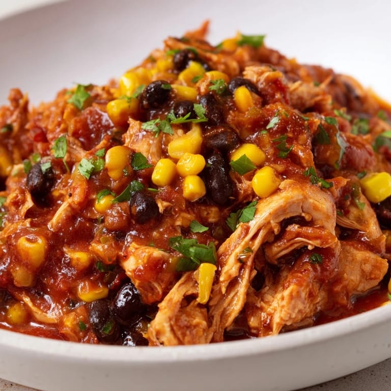 Shredded salsa chicken, cooked low and slow for tender results, ready for burrito bowls or a quick meal.