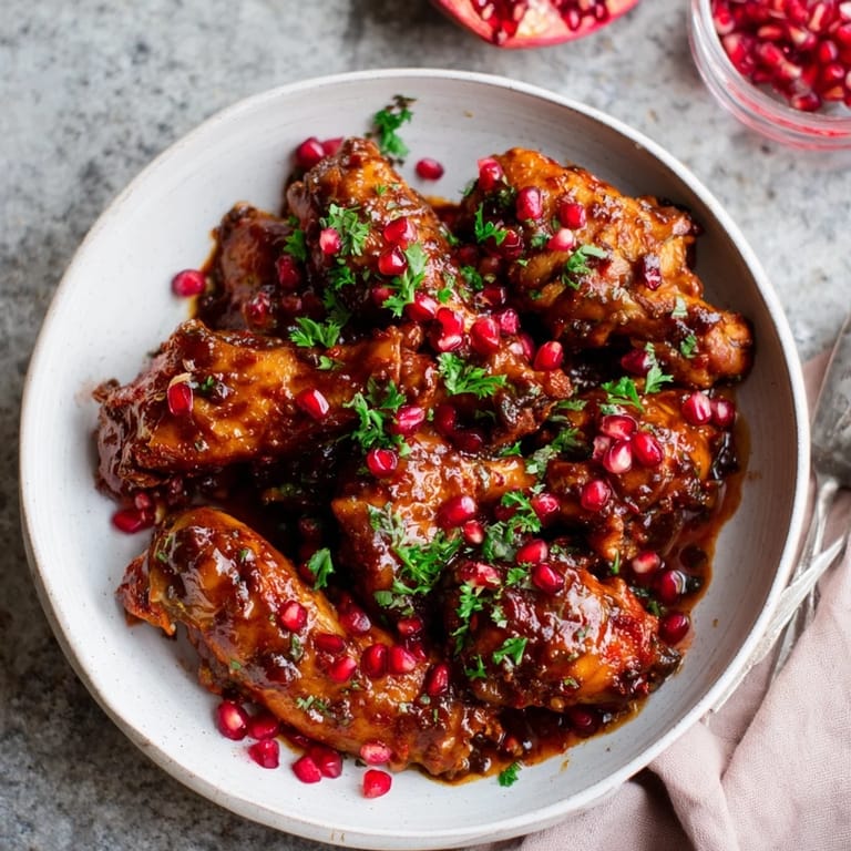 A close-up of a bubbling pot of Pomegranate Walnut Fesenjan, showcasing the tender chicken and walnut sauce.