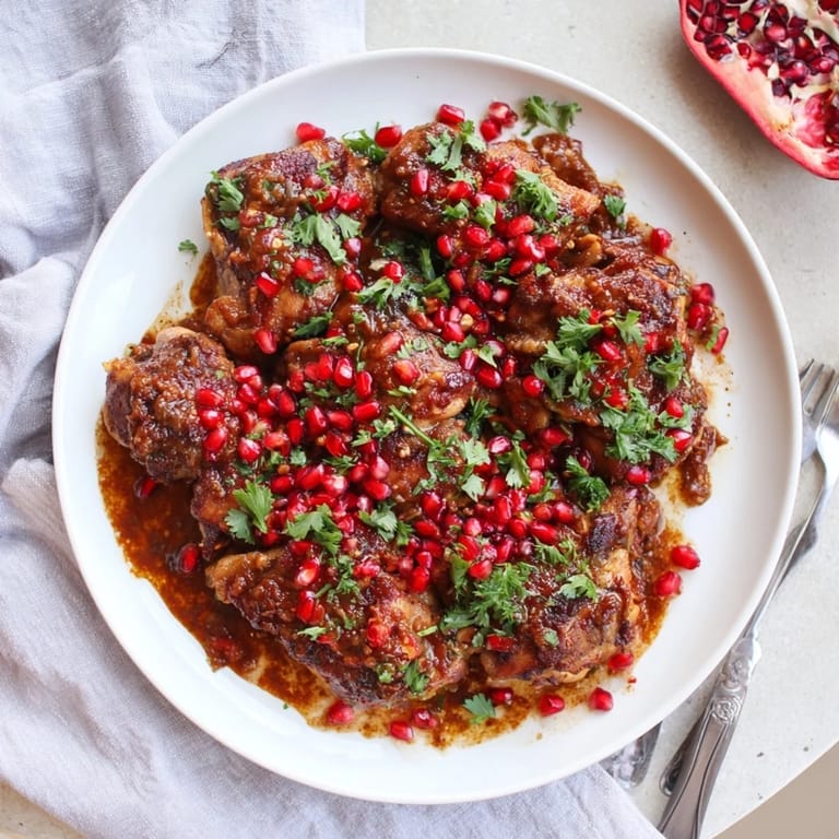Fragrant Pomegranate Walnut Fesenjan stew, ready to be served, garnished with bright red pomegranate seeds.