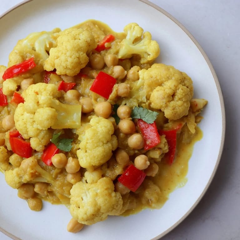 A steaming bowl of Curried Cauliflower and Chickpea Coconut Stew with colorful vegetables.