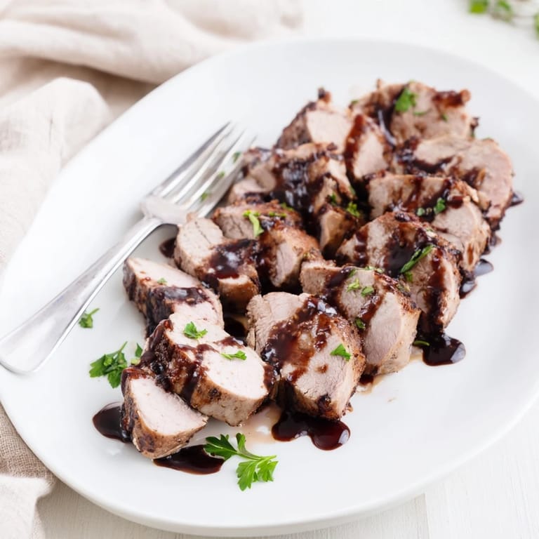 The finished Tart Cherry Date Glazed Pork Tenderloin, visually appealing, showing its juicy interior and dark, sweet glaze.