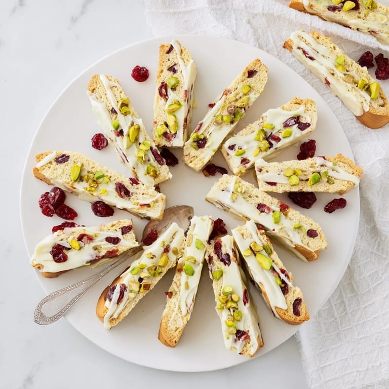 Close-up of freshly baked White Chocolate Cranberry Pistachio Biscotti, speckled with pistachios and cranberries.