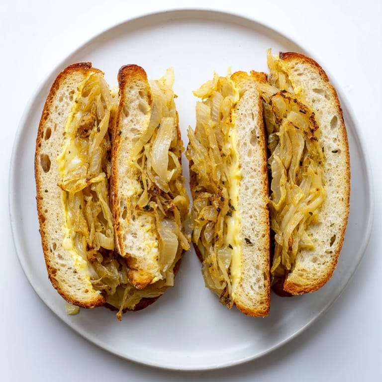 Cheesy, gooey layers of French Onion Grilled Cheese, with caramelized onions visible, ready to be devoured.