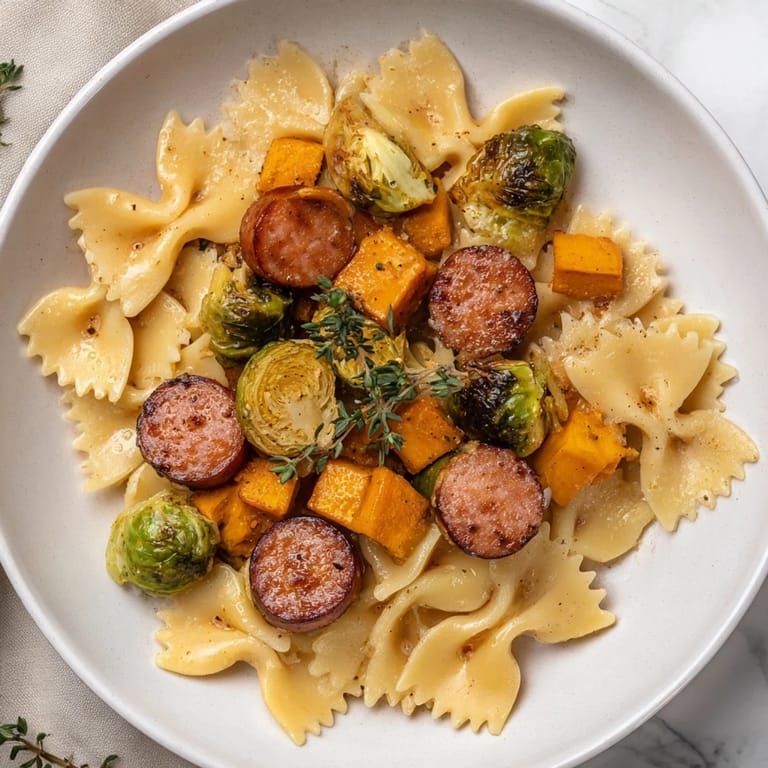 A steaming bowl of Autumn Sausage Pasta Squash, glistening with garlic butter and fresh thyme leaves.