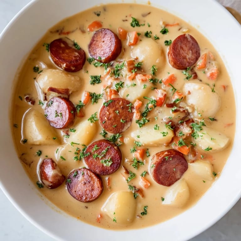 Close-up of a steaming bowl of creamy chorizo potato soup, ready to eat with crusty bread.