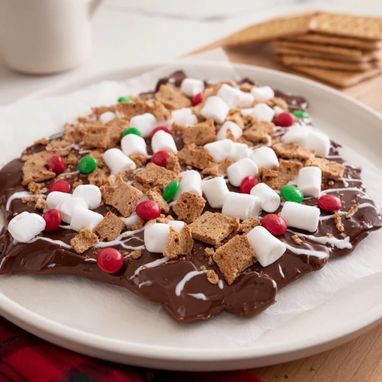Close-up of Quick Christmas Smores Bark: A delicious, festive dessert with chocolate, graham crackers and colorful candies.