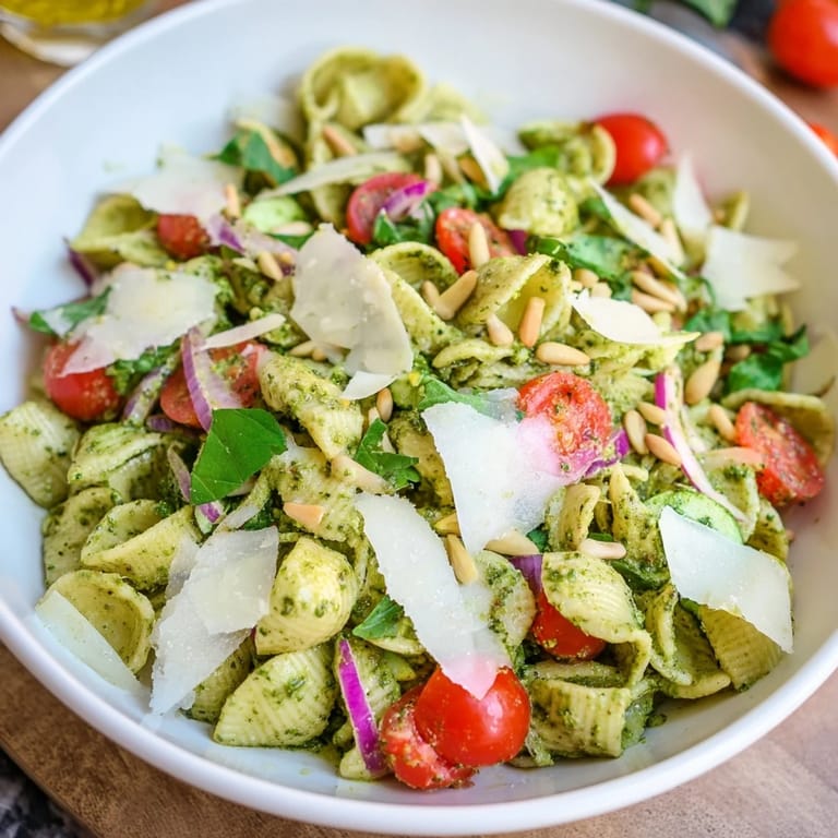 A beautiful bowl of Caesar Pesto Ditalini Salad featuring al dente pasta plus fresh veggies and pesto dressing.