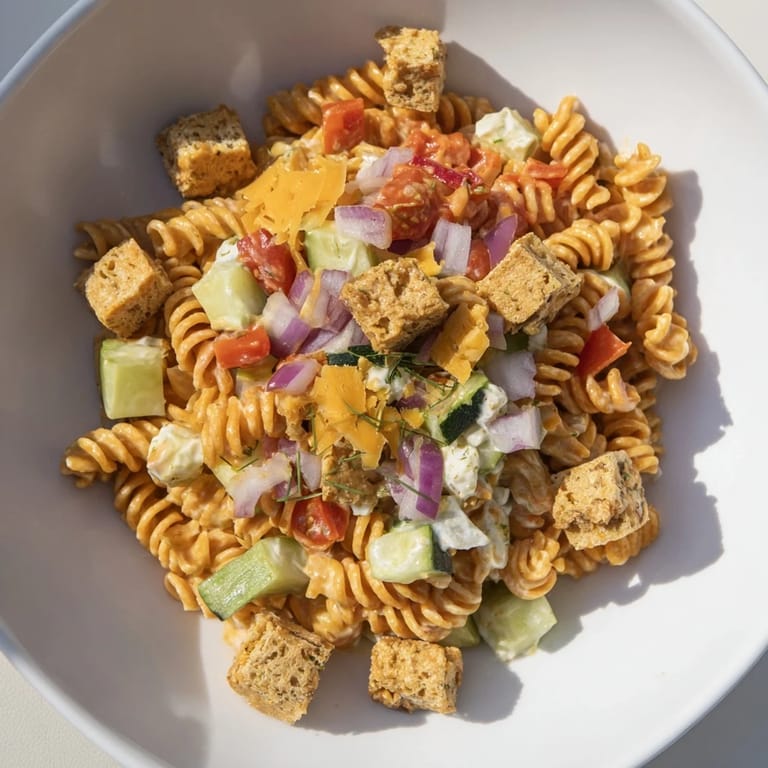 Chilled Dill Pickle Chopped Pasta Salad, a perfect summer side dish, brimming with tangy pickle flavor.