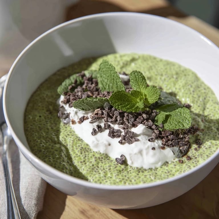 Close-up of the bright green Grinch Green Mint Matcha Chia Pudding, brimming with fresh mint and optional chocolate chips.