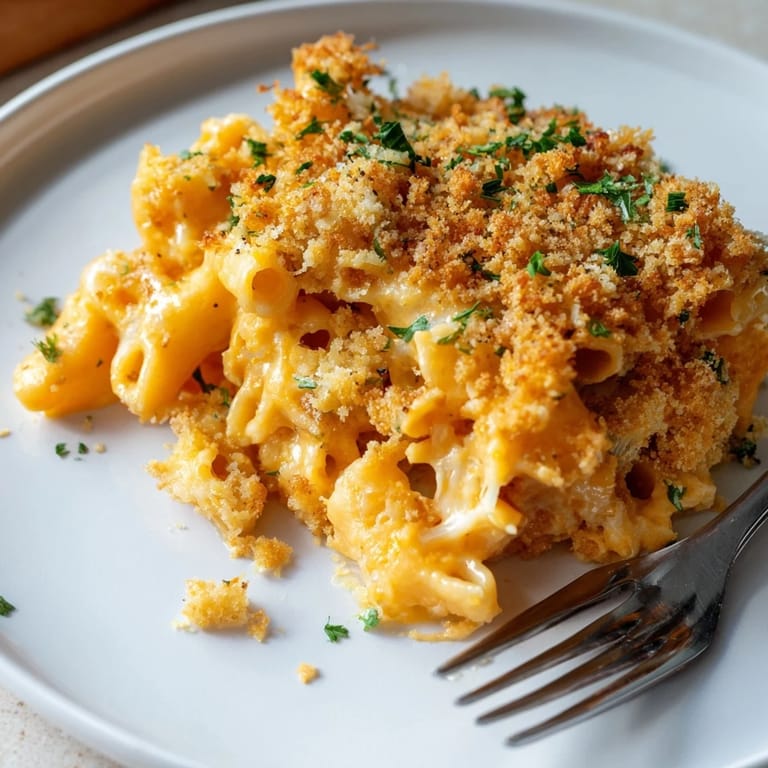A close-up of a warm, comforting Lightened Mac & Cheese, with snowflake pasta and melted cheese.