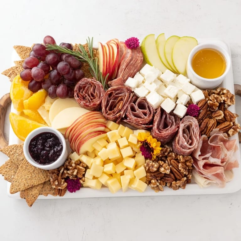 Vibrant and tempting, a delicious Maple Leaf Grazing Tray perfect for autumn parties and gatherings.