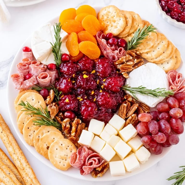 Festive Cranberry Wreath appetizer, visually striking with cheeses, grapes, and a glistening cranberry sauce center.