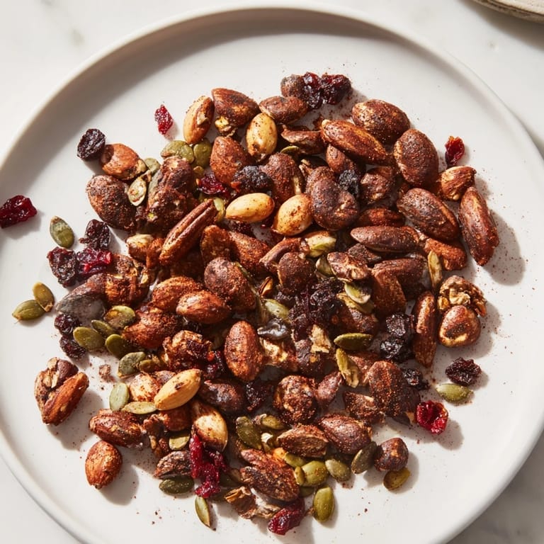 Close-up of freshly made Acorn & Oak Snack Mix; a vegetarian snack with a perfect mix of textures.