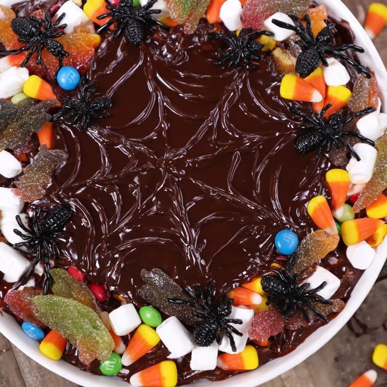 Festive spiderweb candy platter featuring edible treats and a detailed dark chocolate web design.