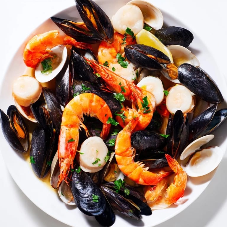 The vibrant colors of a Shellfish & Seafood Medley, with glistening shrimp and plump mussels in a fragrant broth.