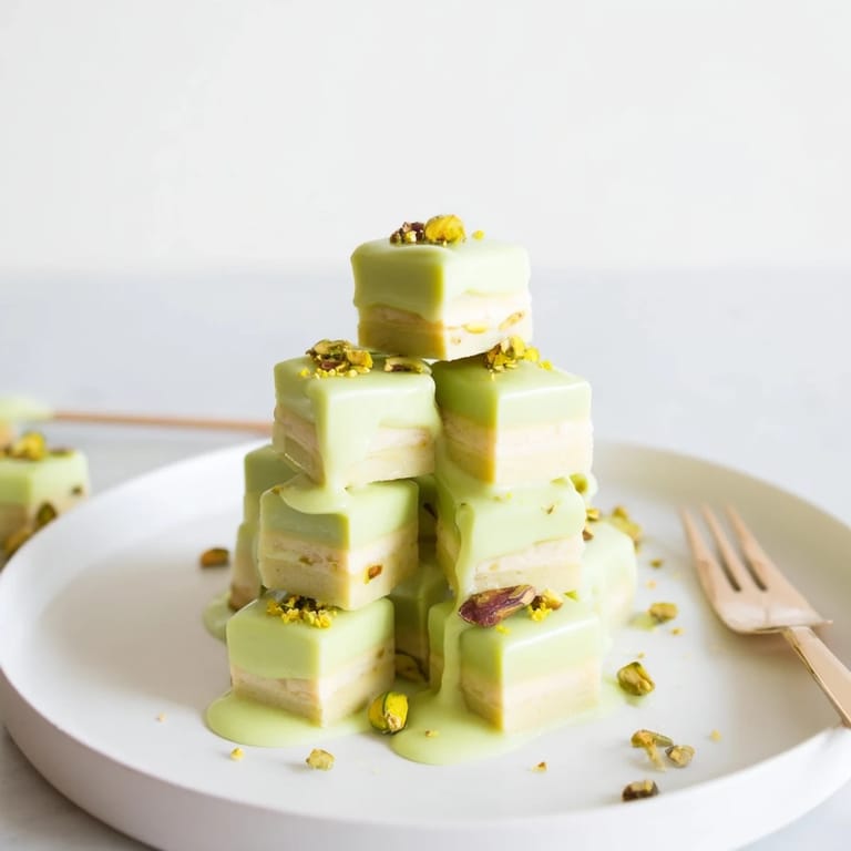 Imagine the layers of almond sponge, pistachio cream and glaze in these Grenouille Royale Petits Fours.