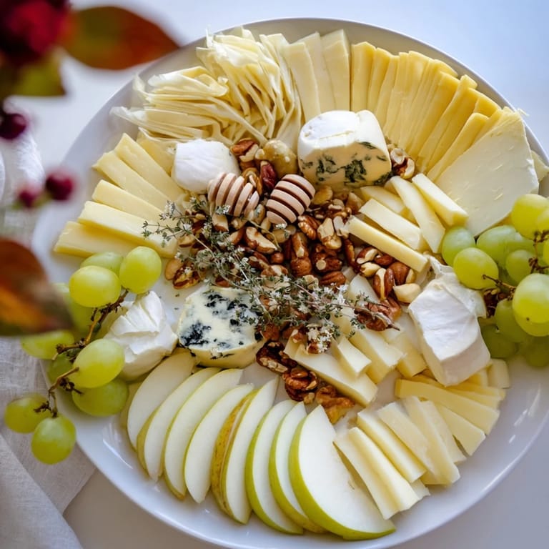 A visually stunning Honeycomb, Honey & Cheese Board with fresh fruit, nuts, and floral honey drizzled.