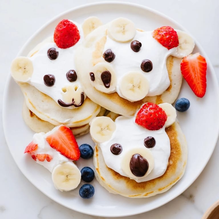 A whimsical Polar Bear Pancake Stack visually delights with pancakes, fruit, and toppings for a fun brunch.