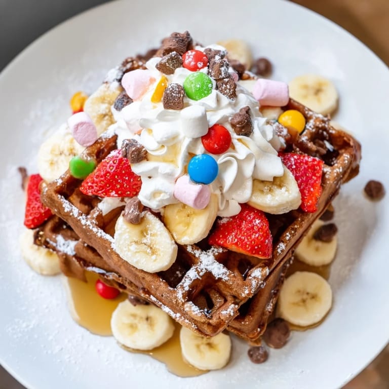 Delicious Gingerbread House Waffles topped with fresh fruit and marshmallows, a holiday treat.