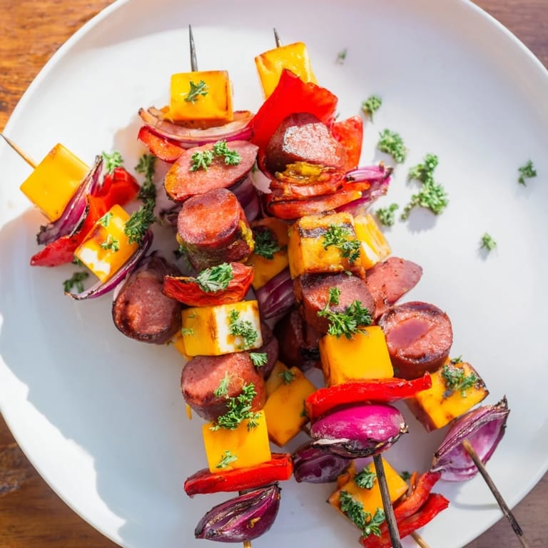 Delicious Savory Skewers showcasing melty cheese, sausage, and colorful peppers served fresh off the grill.