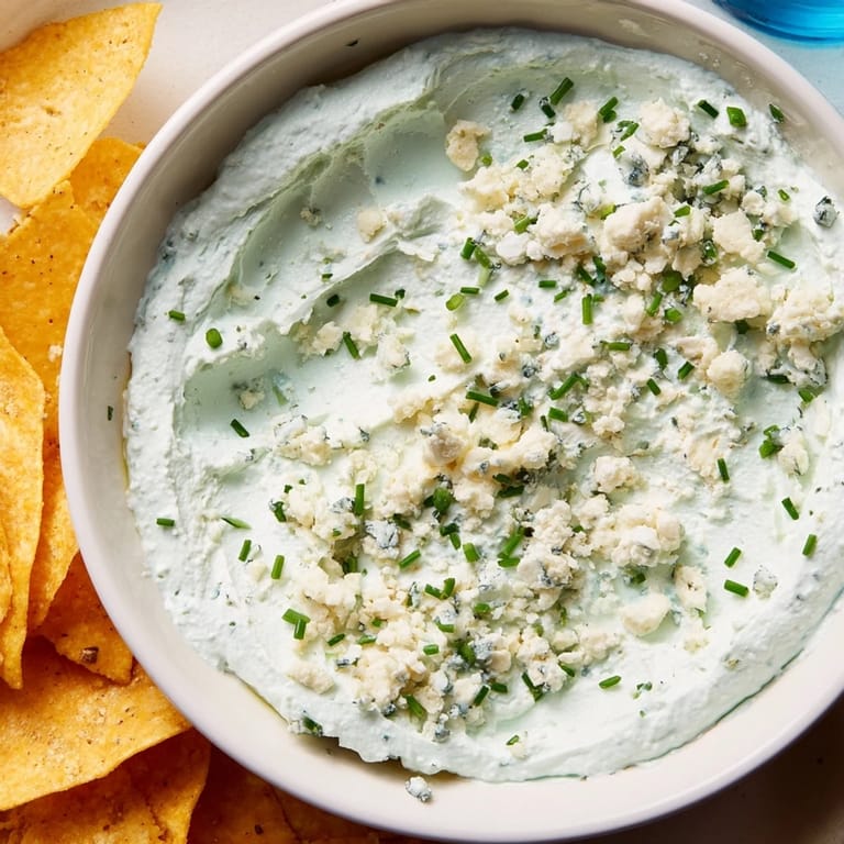 Vibrant Frozen Pond Blue Dip Platter: creamy blue cheese dip surrounded by crunchy chips and fresh veggies.
