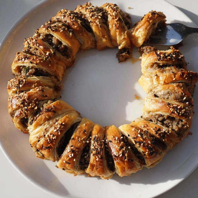 Perfectly baked mini sausage rolls arranged in a half-circle wreath, ready for sharing and dipping in mustard.