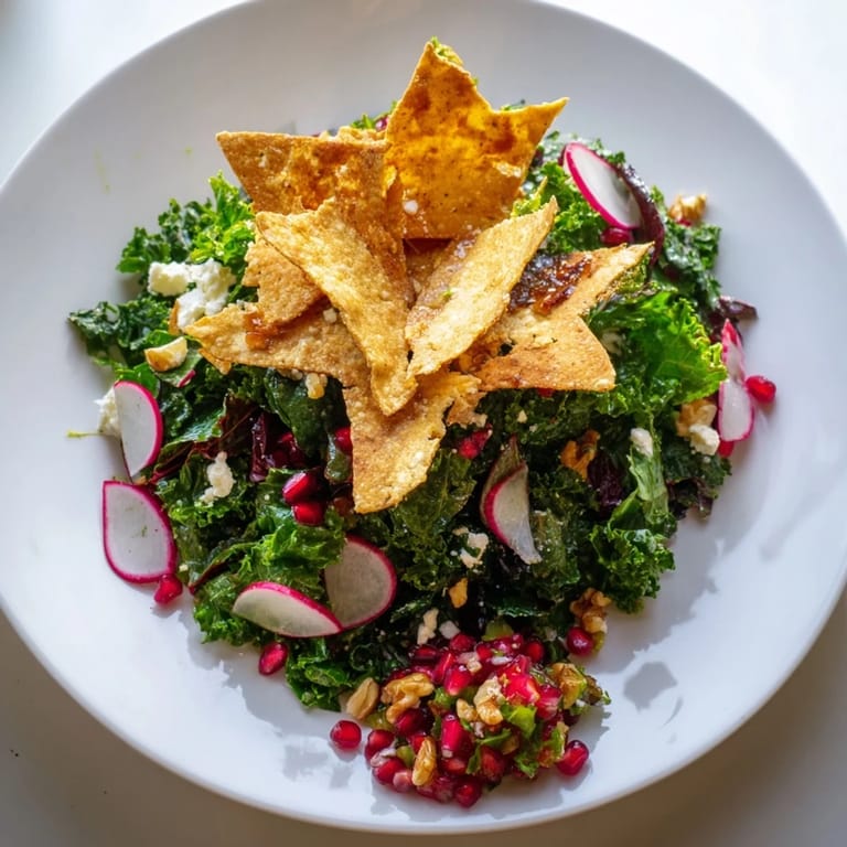 Crisp and golden snowflake tortilla chips topping a colorful winter salad, ready to be enjoyed.